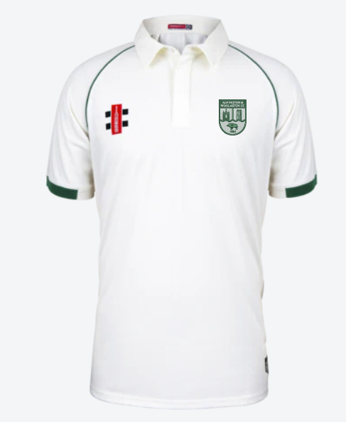 The Alvington & Woolaston CC Matrix V2 Short Sleeve Cricket Shirt by Martin Berrill Sports is a white, athletic-fit shirt with green trim, collar, club crest on the left chest, and a red-and-black cross logo on the right. Moisture-wicking fabric keeps you dry.