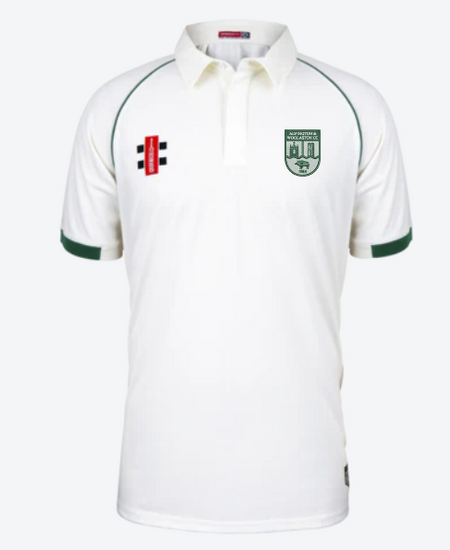 The Alvington & Woolaston CC Matrix V2 Short Sleeve Cricket Shirt by Martin Berrill Sports is a white, athletic-fit shirt with green trim, collar, club crest on the left chest, and a red-and-black cross logo on the right. Moisture-wicking fabric keeps you dry.