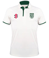 The Gray Nicolls Alvington & Woolaston CC Pro Performance V3 Short Sleeve Shirt is white with dark green trim on the collar and sleeves, featuring a red and black logo, plus a green crest with a building and animal on the chest.