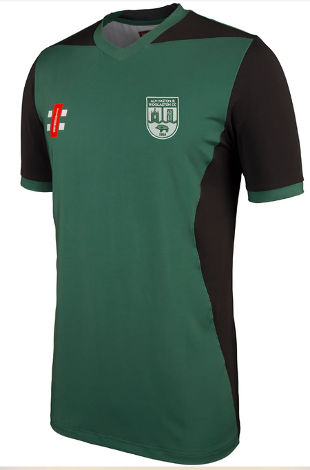 The Gray Nicolls Alvington & Woolaston T20 Shirt Short Sleeve features green and black colors, a white left chest team logo, red and white right chest logo, light green collar and sleeve edges, plus excellent moisture management for cool comfort.