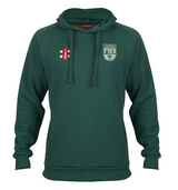The Alvington & Woolaston CC Velocity Hoodie by Gray Nicolls is a green hoodie made from sustainable cotton, featuring a front pocket, drawstrings, and two embroidered patches—white wickets on red and the Club Logo with buildings and a lion.