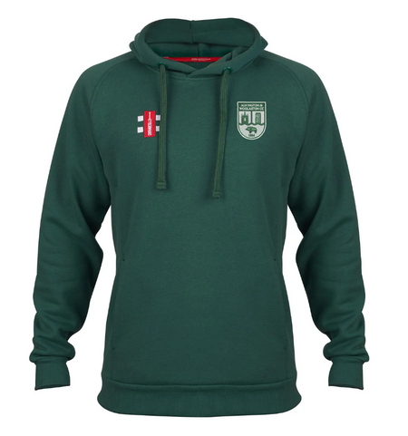 The Alvington & Woolaston CC Velocity Hoodie by Gray Nicolls is a green hoodie made from sustainable cotton, featuring a front pocket, drawstrings, and two embroidered patches—white wickets on red and the Club Logo with buildings and a lion.