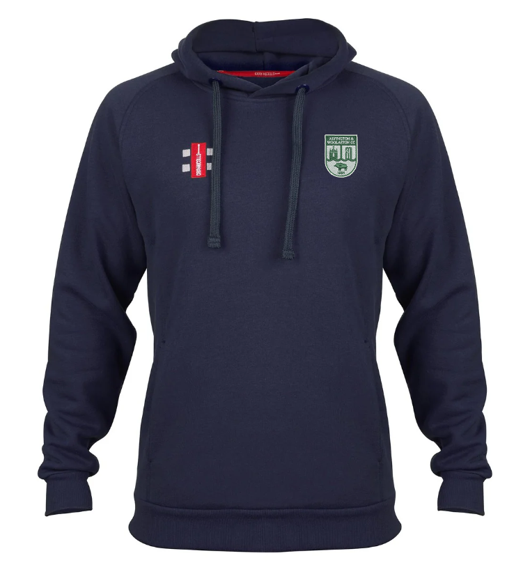 The Gray Nicolls Alvington & Woolaston CC Velocity Hoodie in navy is crafted from sustainable cotton, with a front pocket, drawstring hood, and two embroidered chest logos: a green and white club crest and red and white bars.