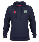 The Gray Nicolls Alvington & Woolaston CC Velocity Hoodie in navy is crafted from sustainable cotton, with a front pocket, drawstring hood, and two embroidered chest logos: a green and white club crest and red and white bars.