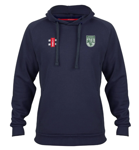 The Gray Nicolls Alvington & Woolaston CC Velocity Hoodie in navy is crafted from sustainable cotton, with a front pocket, drawstring hood, and two embroidered chest logos: a green and white club crest and red and white bars.