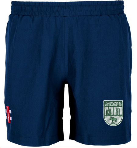 Step up your training with the Alvington & Woolaston CC Velocity Training Shorts by Gray Nicolls, featuring an embroidered club crest on the right leg, a red and white patch on the left, and a comfy elastic waistband—ideal for cricket sessions.