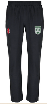 The Gray Nicolls Alvington & Woolaston CC Velocity Track Trouser is a black athletic-fit with an elastic waistband, green and white crest on the right thigh, and a red/white emblem on the left—perfect for cricket training.