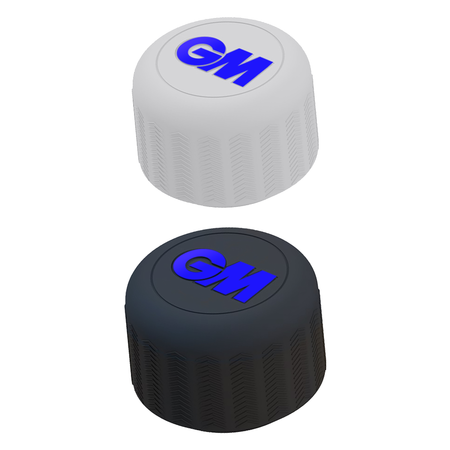 A white and a black cylindrical GM Apex Counter Balance silicone rubber cricket bat weight, each with textured sides and a blue logo on top.
