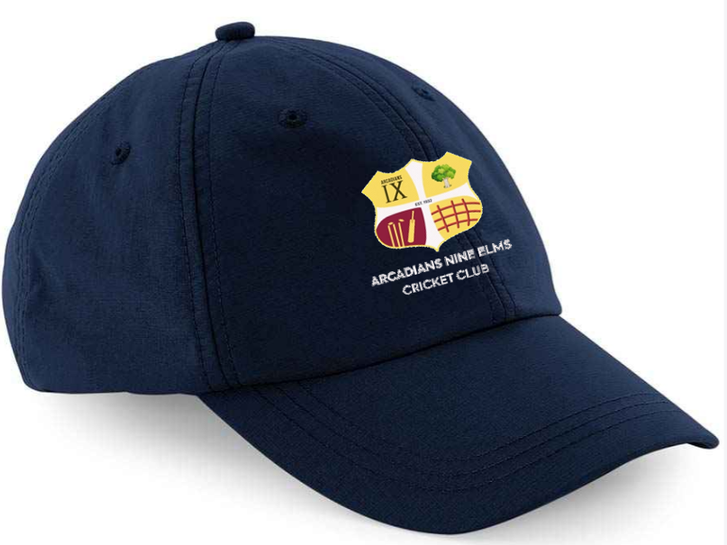 The Arcadians Nine Elms CC Baseball Cap by Martin Berrill Sports features the club logo and "Arcadians Nine Elms CC" embroidered on the front, making it a great choice for fans.