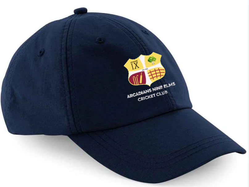 Martin Berrill Sports Custom Baseball Caps: Navy blue caps with a vibrant Arcadians Nine Elms Cricket Club embroidered crest on the front. No minimum order required for custom orders.