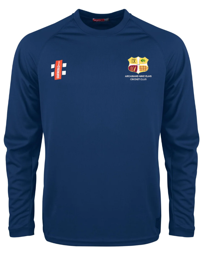 The Gray Nicolls Arcadians Nine Elms CC Matrix V2 Long Sleeve T-Shirt in navy features club and sponsor logos on the chest and shoulder, shown on a white background. This moisture-wicking sports shirt keeps you comfortable during intense workouts.
