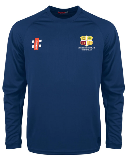 The Gray Nicolls Arcadians Nine Elms CC Matrix V2 Long Sleeve T-Shirt in navy features club and sponsor logos on the chest and shoulder, shown on a white background. This moisture-wicking sports shirt keeps you comfortable during intense workouts.