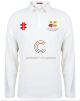 The Gray Nicolls Arcadians Nine Elms CC Matrix V2 Long Sleeve Cricket Shirt is a white top with moisture control, sponsor logos like Connected Power Solutions on the chest, and the club’s crest on the left side.