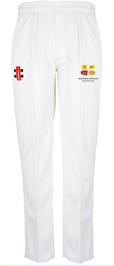 The Gray Nicolls Arcadians Nine Elms CC Matrix V2 Cricket Trousers are white with moisture control, a tapered fit, and two embroidered thigh logos—one red/black (left) and one yellow/red with text (right)—shown on a plain background.