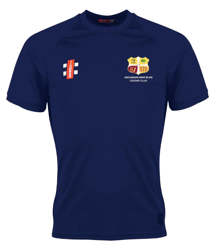 The Gray Nicolls Arcadians Nine Elms CC Matrix V2 T-Shirt, in navy blue, is ideal for high-intensity training and features a left chest badge reading "ARCHDIANS NINE FILMS CRICKET CLUB" plus a red logo with white text on the right chest.