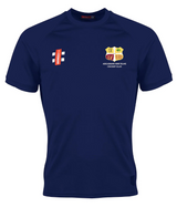 The Gray Nicolls Arcadians Nine Elms CC Matrix V2 T-Shirt, in navy blue, is ideal for high-intensity training and features a left chest badge reading "ARCHDIANS NINE FILMS CRICKET CLUB" plus a red logo with white text on the right chest.