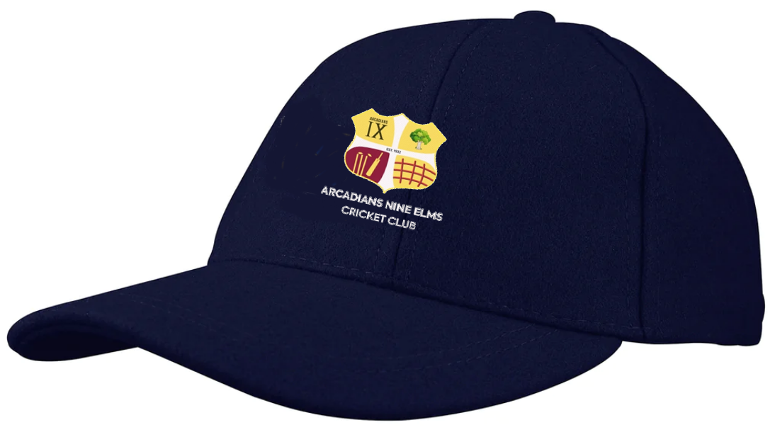 The Arcadians Nine Elms CC Melton Cap by Gray Nicolls is a navy blue cap featuring the club’s yellow and red shield logo with various symbols and “Arcadians Nine Elms Cricket Club” embroidered in white below.