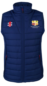 The Gray Nicolls Arcadians Nine Elms CC Pro Performance Bodywarmer features padded, water-repellent navy fabric, red and white zipper details, the club crest on the left chest, and a small red and white emblem on the right.