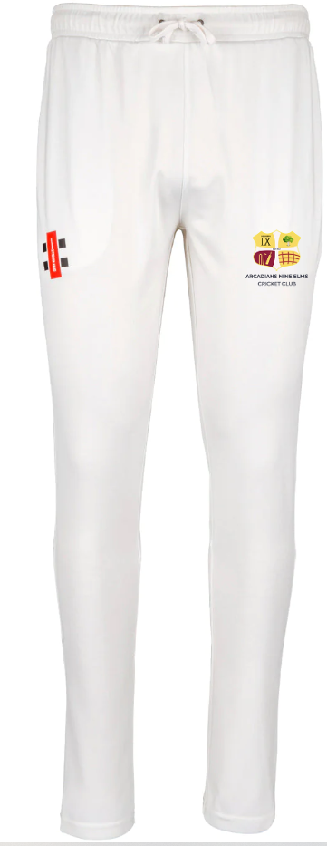 Gray Nicolls Arcadians Nine Elms CC Pro Performance Cricket Trousers feature a drawstring waist, pro performance logos on both thighs, and "Arcadians Nine Elms CC" text. Designed for comfort with superior moisture management.