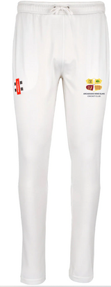 Gray Nicolls Arcadians Nine Elms CC Pro Performance Cricket Trousers feature a drawstring waist, pro performance logos on both thighs, and "Arcadians Nine Elms CC" text. Designed for comfort with superior moisture management.