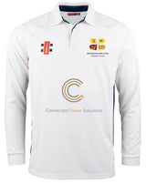 The Gray Nicolls Arcadians Nine Elms CC Pro Performance V2 L/S Cricket Shirt in Ivory/Navy features a collared, buttoned neckline and multiple front logos, including the club badge, sponsors, and 'Connected Power Solutions' beneath a circular logo.