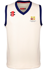 The Gray Nicolls Arcadians Nine Elms CC Pro Performance Slipover is a sleeveless white v-neck with dark blue shoulder trim and club logos on the chest.