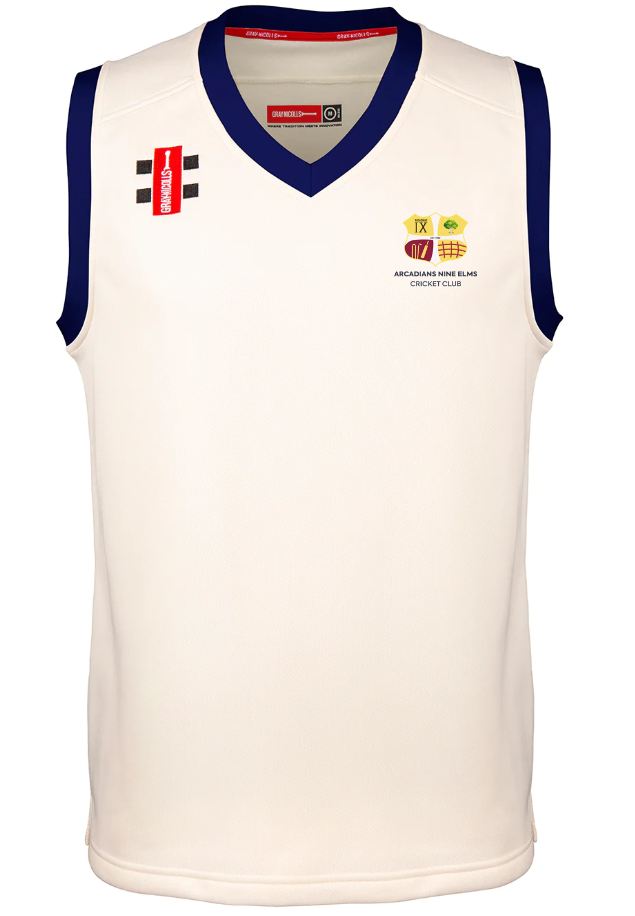 The Gray Nicolls Arcadians Nine Elms CC Pro Performance Slipover is a sleeveless white v-neck with dark blue shoulder trim and club logos on the chest.