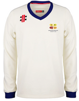 The Gray Nicolls Arcadians Nine Elms CC Pro Performance Sweater is a long-sleeved white cricket sweater with blue trim, featuring the club crest, sponsor logos, and a red label on the chest.