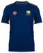 The Gray Nicolls Arcadians Nine Elms CC Pro Performance T-Shirt is a blue, short-sleeve cricket jersey with black side panels, a red rectangular logo and white icon on the left chest, and a multicolored crest with text on the right.