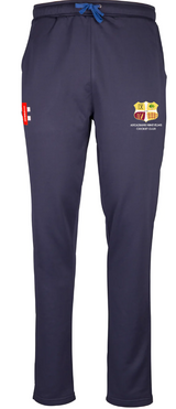 The Gray Nicolls Arcadians Nine Elms CC Pro Performance Training Trouser features navy blue fabric, a blue drawstring, red and yellow logos on the right thigh, an extra red logo on the left thigh, and a tailored fit for comfort.