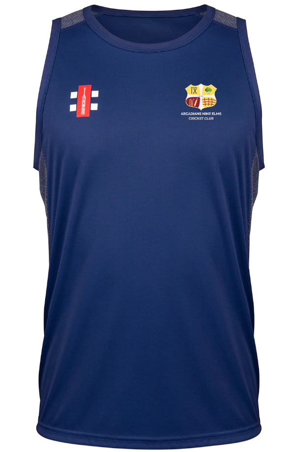 The Arcadians Nine Elms CC Pro Performance Vest by Gray Nicolls is a sleeveless navy cricket vest with mesh side panels, embroidered yellow club crest and sponsor logos, made from moisture-wicking fabric for comfort.