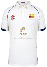 The Gray Nicolls Arcadians Nine Elms CC Matrix V2 Short Sleeve Match Shirt features blue trim, sponsor logos including Connected Power Solutions, club crest, and is made from breathable polyester with a buttoned collar for comfort.