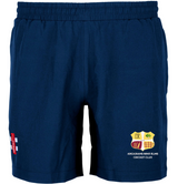 Gray Nicolls Arcadians Nine Elms CC Velocity Training Shorts in navy blue, featuring an embroidered club logo and text on the right leg plus a red and white patch on the left—ideal lightweight shorts for cricket training.