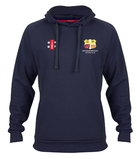 The Arcadians CC Velocity Hoodie by Gray Nicolls is navy blue with drawstrings, featuring a red and white cricket bat logo on the right chest and a yellow-red embroidered badge with text on the left, crafted from organic cotton.