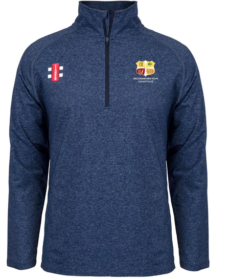 The Gray Nicolls Arcadians Nine Elms CC Velocity Mid Layer is a blue, long-sleeve quarter-zip pullover with a stretch fit, heathered fabric, and features club crest plus sponsor logos on the chest.