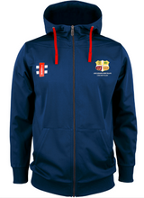 The Gray Nicolls Arcadians Nine Elms CC Pro Performance Hooded Top is a navy blue polyester zip-up with red drawstrings, club crest and cricket stumps logos on the chest, front pockets, and a hood.