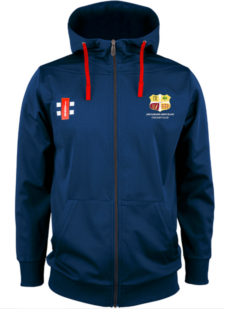 The Gray Nicolls Arcadians Nine Elms CC Pro Performance Hooded Top is a navy blue polyester zip-up with red drawstrings, club crest and cricket stumps logos on the chest, front pockets, and a hood.