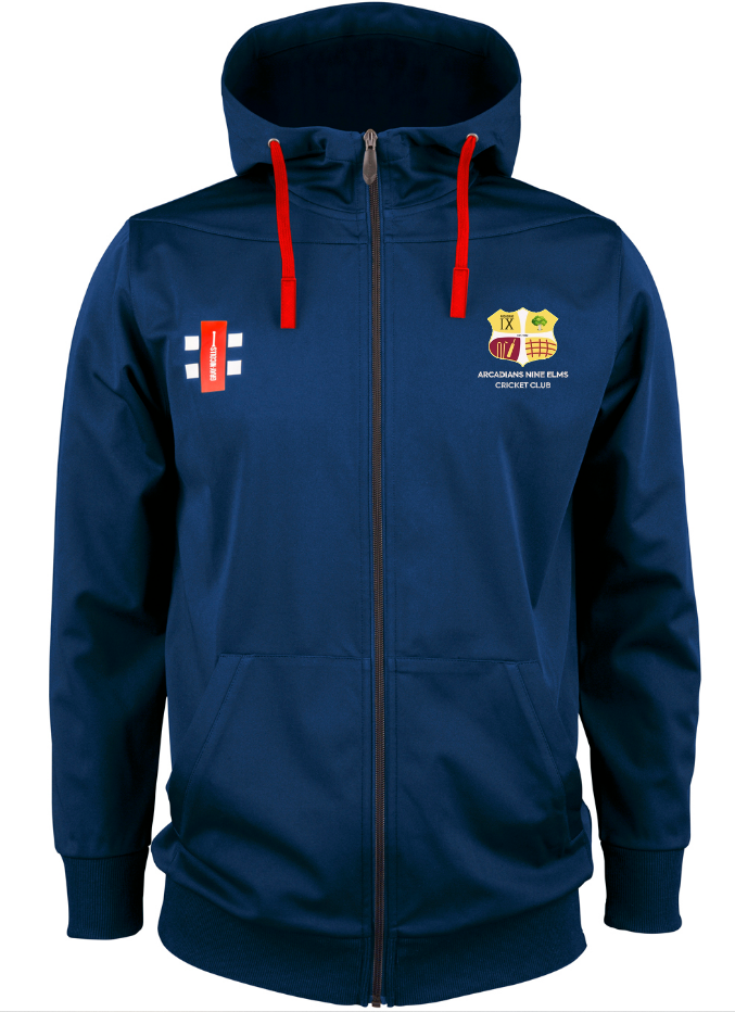 The Gray Nicolls Arcadians Nine Elms CC Pro Performance Hooded Top is a navy blue polyester zip-up with red drawstrings, club crest and cricket stumps logos on the chest, front pockets, and a hood.