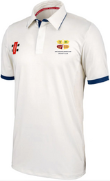 The Gray Nicolls Arcadians Nine Elms CC Pro Performance V2 S/S Cricket Shirt in Ivory/Navy features pro performance design, navy trim on collar and sleeves, and multiple chest logos including the Arcadians Nine Elms Cricket Club.