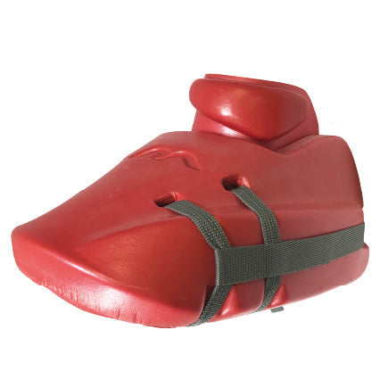 A red foam martial arts foot guard with a black elastic strap provides advanced toe protection for sparring or training, offering reliable protection similar to Mercian Evolution Pro Goalkeeper Kickers by Mercian.