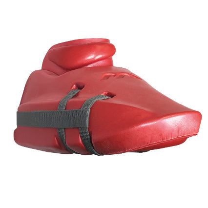 A red foam foot guard with an ankle strap and two gray elastic bands offers advanced toe protection, similar to Mercian Evolution Pro Goalkeeper Kickers by Mercian, featuring custom fit and rebound technology.