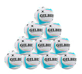 The Gilbert Aurora Match Netball Ten Pack includes ten white netballs made from durable fused rubber, with blue, yellow, and green patterns and bold black GILBERT branding—ideal for club match games.