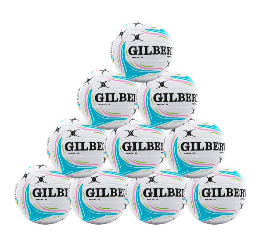 The Gilbert Aurora Match Netball Ten Pack includes ten white netballs made from durable fused rubber, with blue, yellow, and green patterns and bold black GILBERT branding—ideal for club match games.