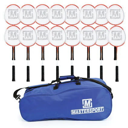 A set of twelve durable Mastersport Attack Badminton Rackets with aluminium frames arranged in two rows, accompanied by a blue Mastersport sports bag in front—perfect for recreational use.