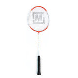 The Mastersport Attack Badminton Racket by Mastersport features a durable orange and white aluminium frame with a black handle, shown vertically on a plain white background—perfect for recreational players.