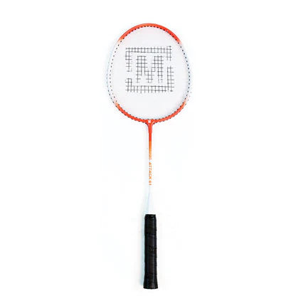 The Mastersport Attack Badminton Racket by Mastersport features a durable orange and white aluminium frame with a black handle, shown vertically on a plain white background—perfect for recreational players.