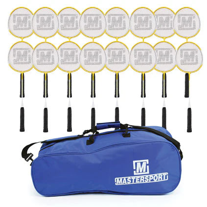 Fourteen Mastersport Attack Badminton Rackets with yellow aluminum frames and black handles are arranged in two rows, with a large blue Mastersport sports bag in front—perfect for recreational use.