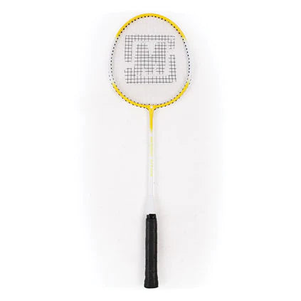 The Mastersport Attack Badminton Racket by Mastersport features a durable aluminium frame, yellow and white design, and black grip. Displayed vertically on a white background, it's ideal for recreational use.