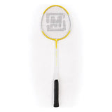 The Mastersport Attack Badminton Racket by Mastersport features a durable aluminium frame, yellow and white design, and black grip. Displayed vertically on a white background, it's ideal for recreational use.