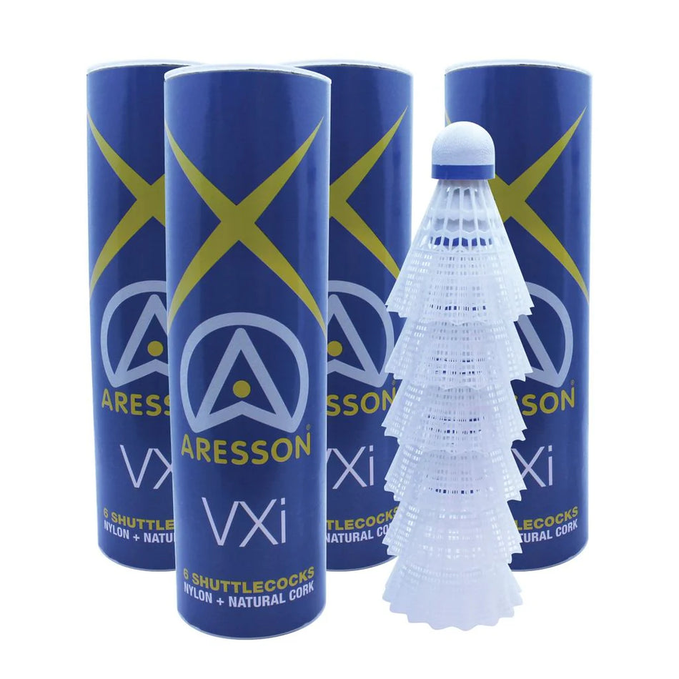 Four upright blue Aresson VXI Shuttlecock tubes are shown, with a stack of five Aresson VXI Shuttlecocks with blue bands placed in front.